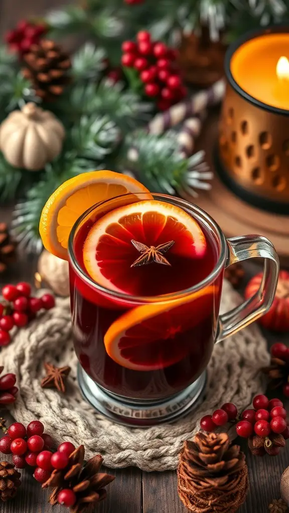 A glass of mulled wine sangria garnished with orange slices and star anise, surrounded by festive decorations.