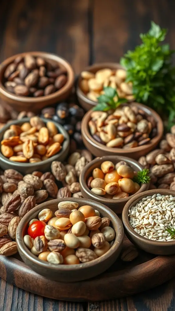 A variety of nuts and seeds displayed in bowls on a wooden platter.