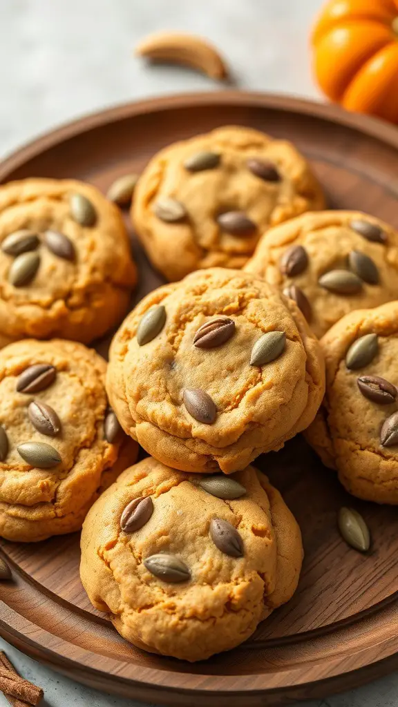 A plate of soft pumpkin spice cookies topped with pumpkin seeds.