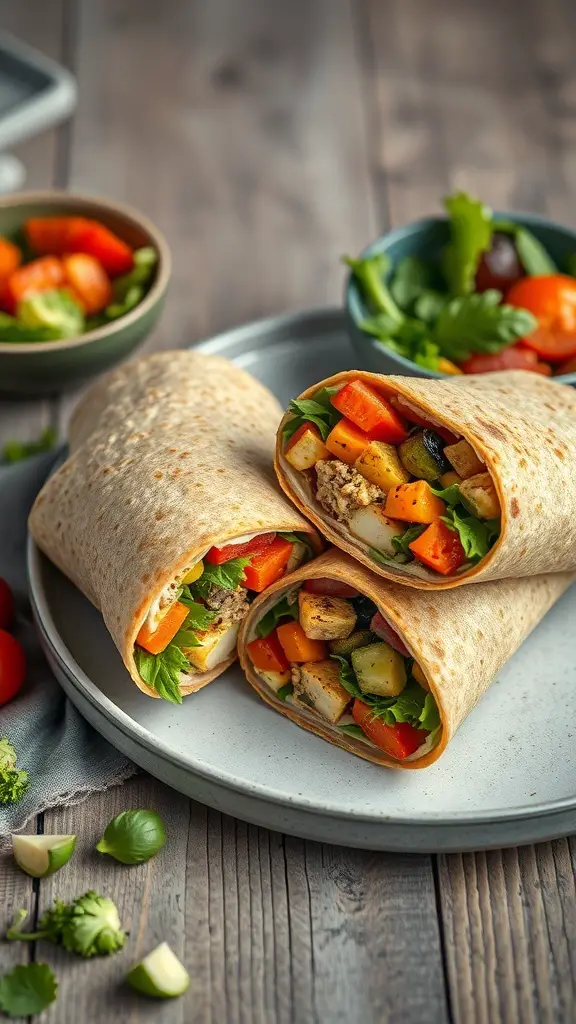 Three roasted vegetable and hummus wraps on a plate, surrounded by fresh ingredients.