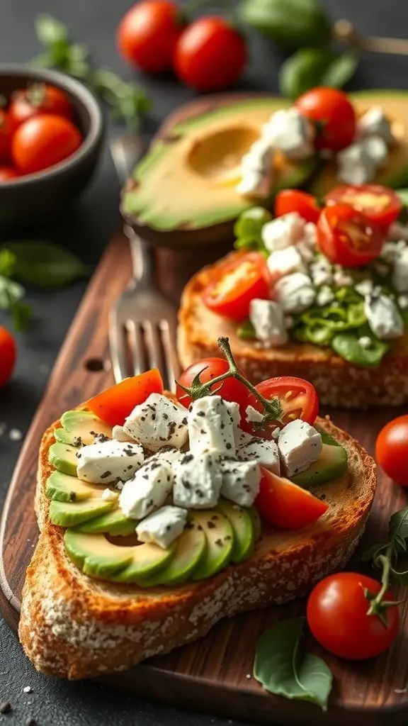 Bruschetta topped with avocado slices, feta cheese, and cherry tomatoes on a wooden board.
