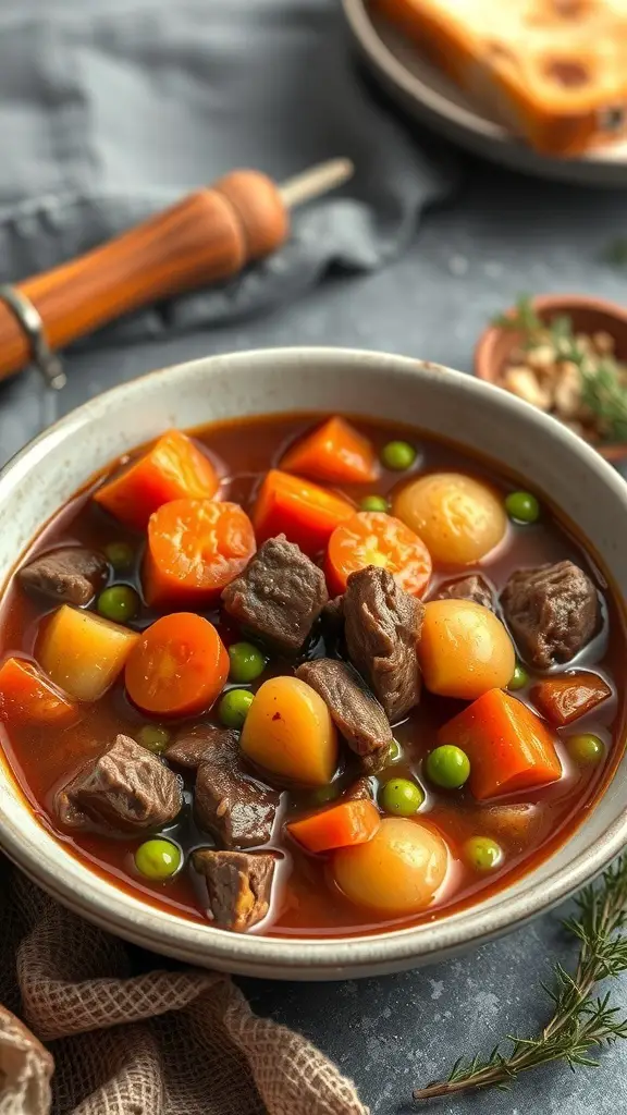 A bowl of hearty beef stew with root vegetables, featuring chunks of beef, carrots, and peas in a rich broth.