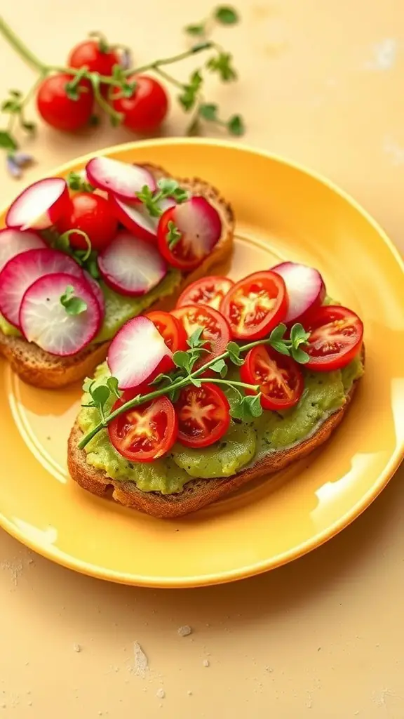 Two slices of avocado toast topped with cherry tomatoes and radishes on a yellow plate.
