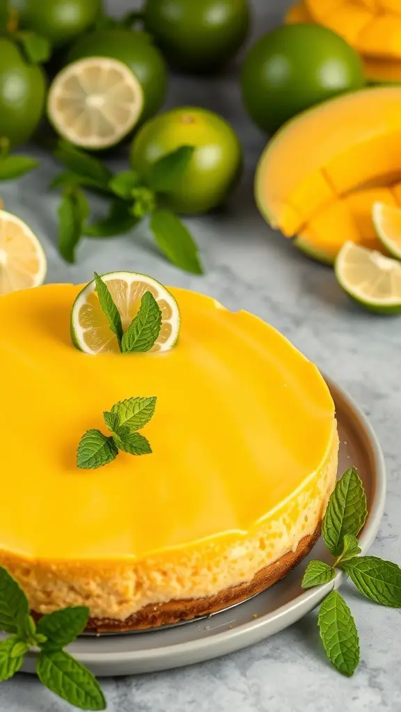 A vibrant mango lime cheesecake topped with mint leaves and lime slices, surrounded by fresh limes and mangoes.