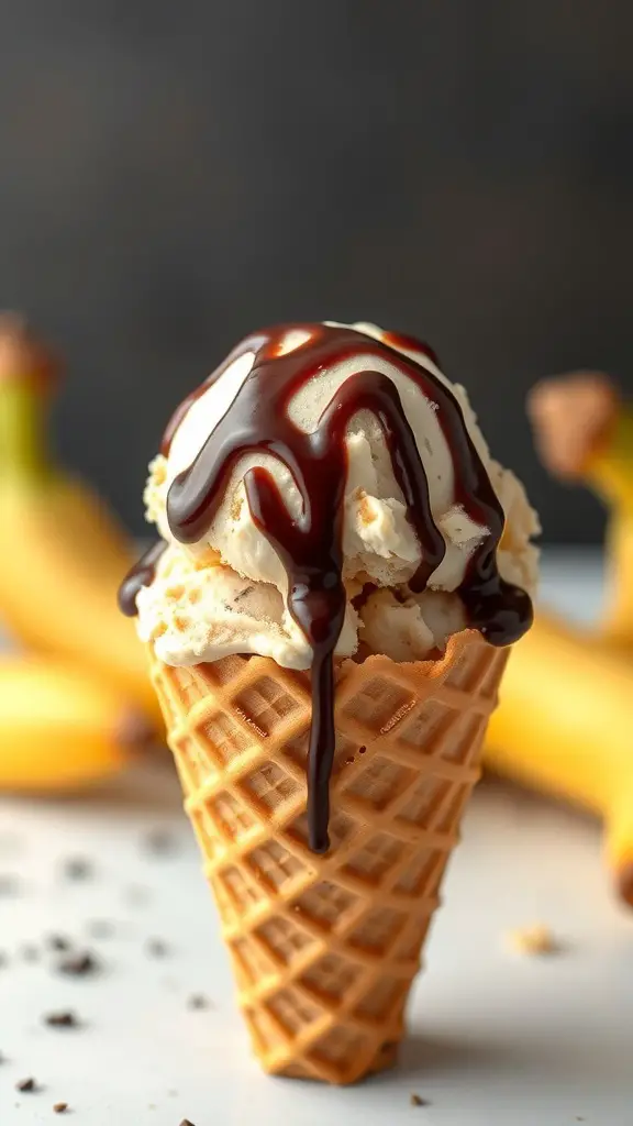 Peanut Butter Banana Ice Cream in a waffle cone topped with chocolate sauce and bananas in the background.