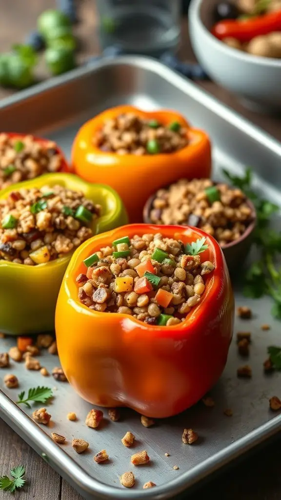Colorful stuffed bell peppers filled with lentils and vegetables on a baking tray.