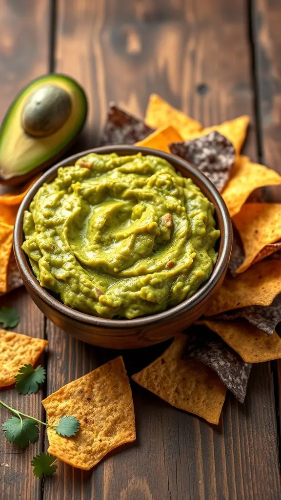 A bowl of spicy guacamole surrounded by tortilla chips and an avocado on the side.