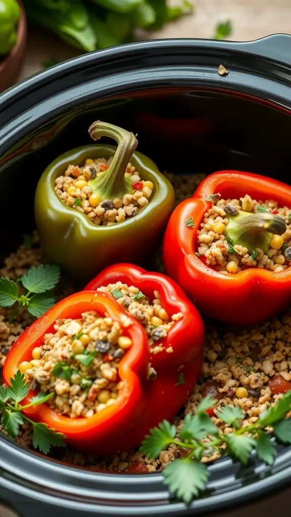 Colorful Mediterranean stuffed peppers in a crockpot, filled with grains and herbs.