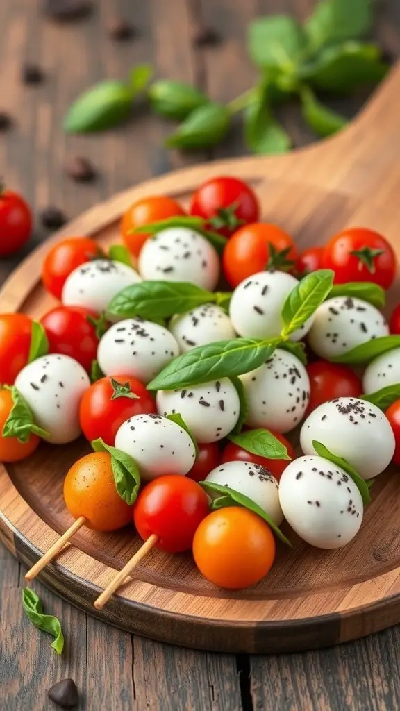 A platter of vegan Caprese skewers with cherry tomatoes, vegan mozzarella, and basil leaves on a wooden board.