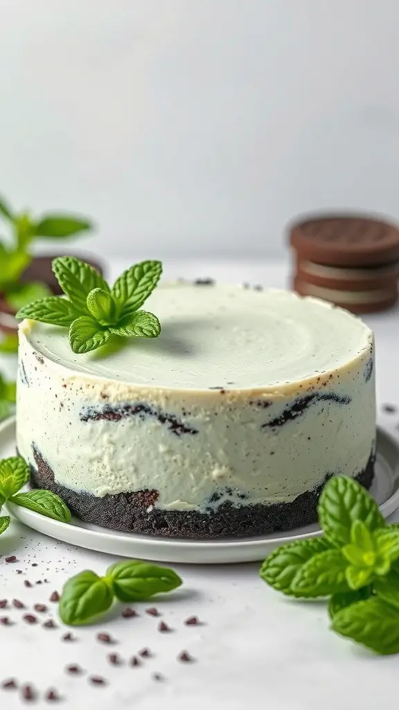 A mint cheesecake topped with mint leaves and surrounded by Oreo cookies.
