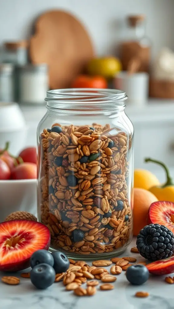 A jar of nutty raw vegan granola surrounded by fresh fruits
