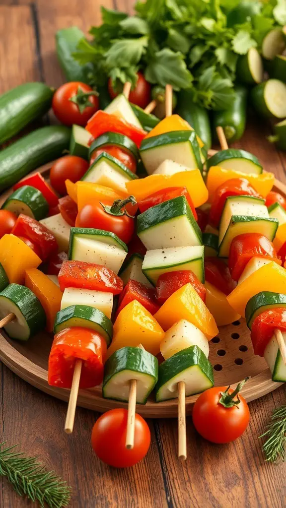 Colorful veggie skewers with bell peppers, cucumbers, and cherry tomatoes on a wooden platter.
