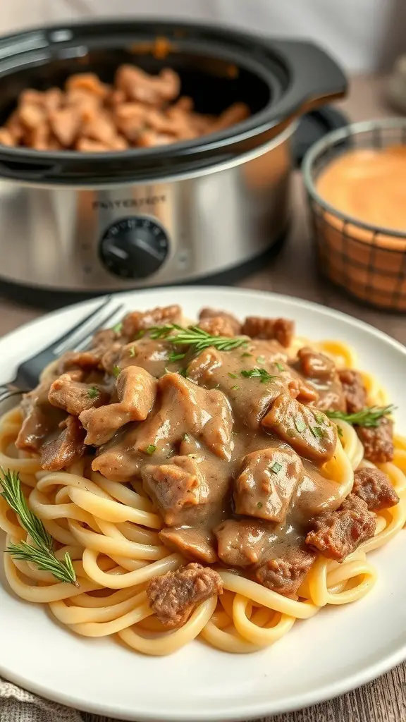 A plate of Beef Stroganoff with noodles, topped with creamy sauce and herbs, alongside a crockpot.