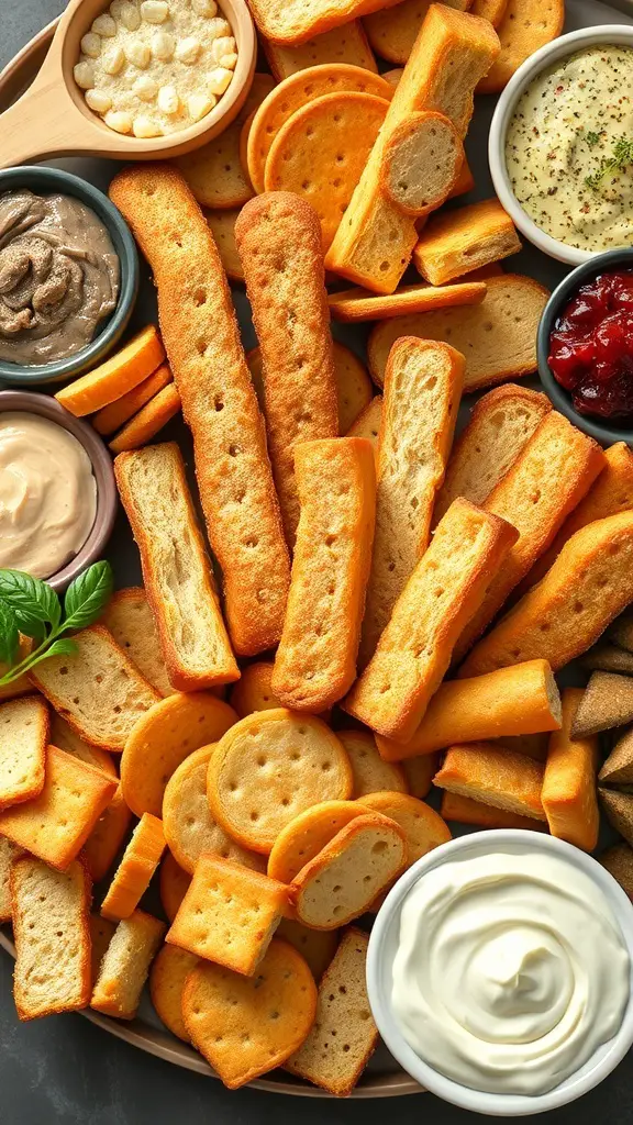 An assortment of crunchy breadsticks and crackers on a charcuterie board, accompanied by various dips.