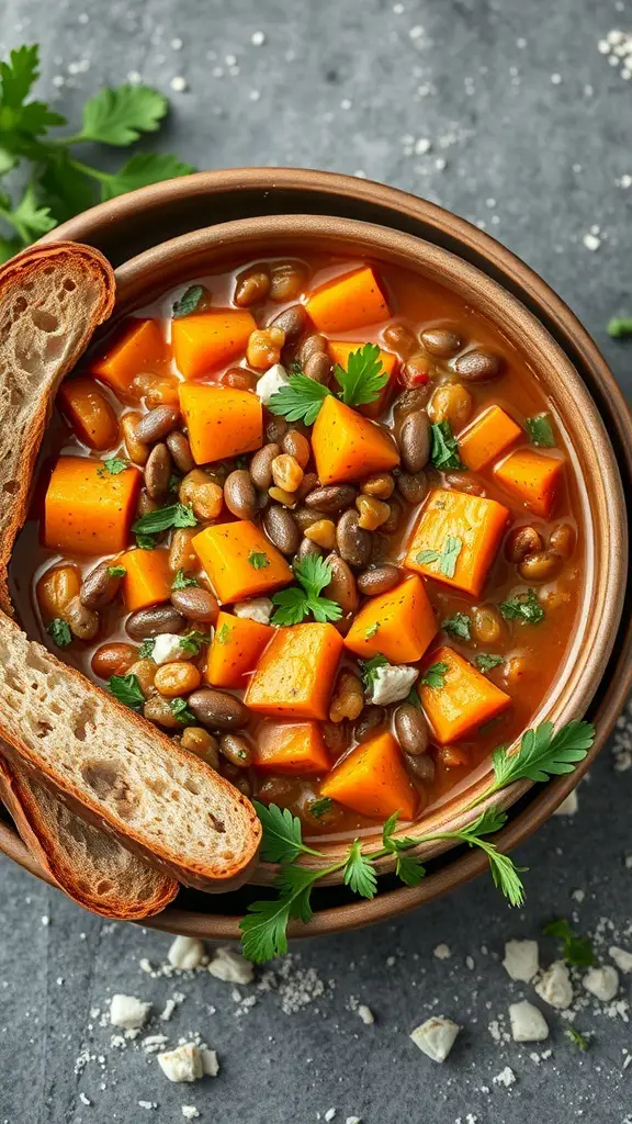 A bowl of lentil and sweet potato stew with pieces of bread on the side, garnished with fresh herbs.