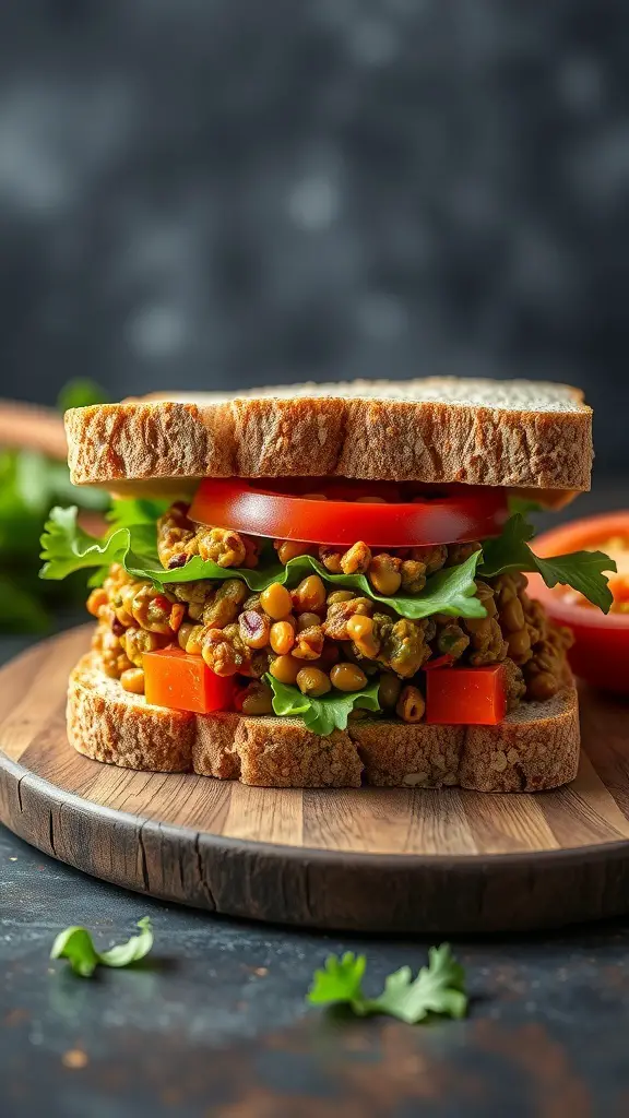 Curried Lentil Salad Sandwich with fresh vegetables