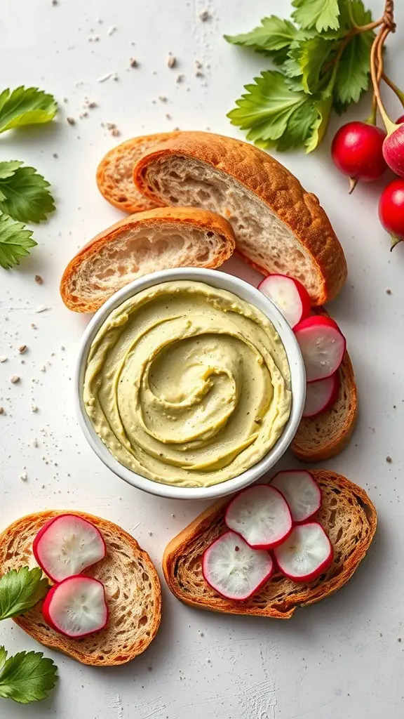 A bowl of rich avocado cheese spread surrounded by slices of bread and fresh vegetables.