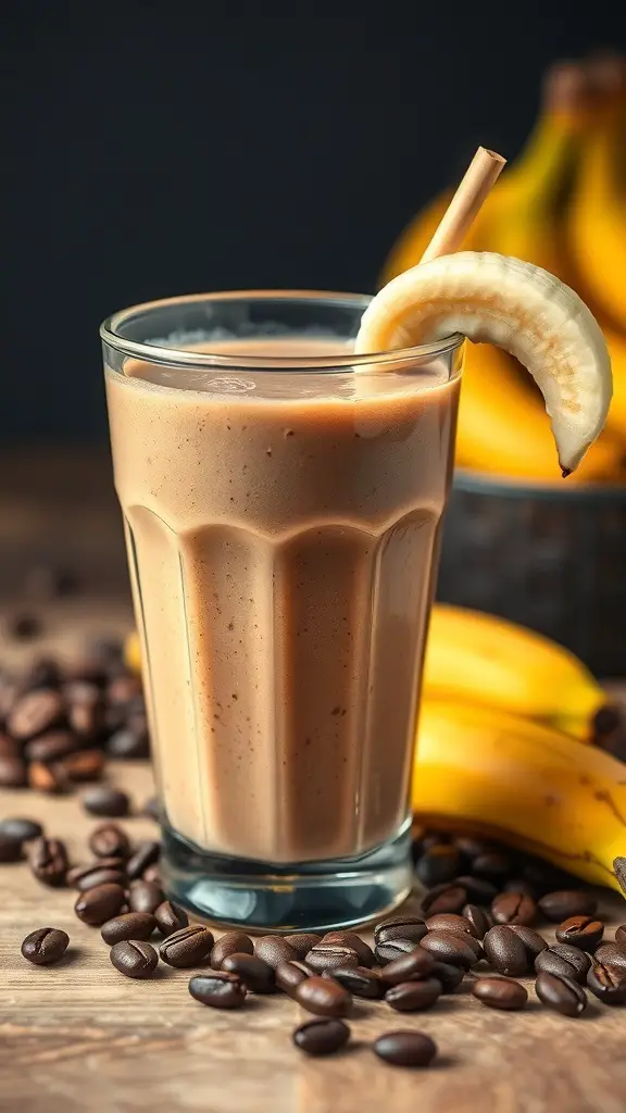 A glass of coffee and banana smoothie with bananas and coffee beans in the background.