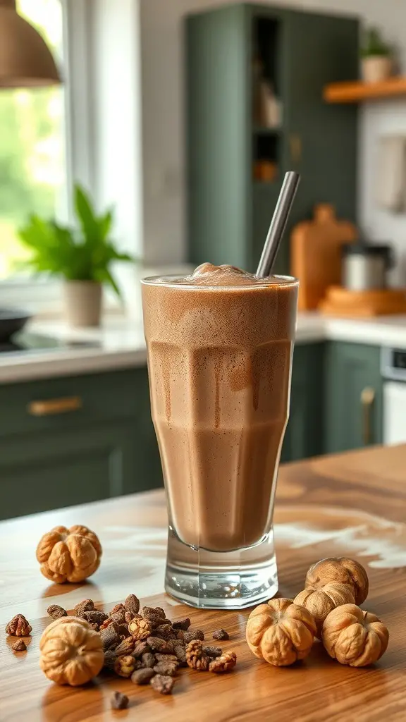 A tall glass of Nutty Chocolate Smoothie with nuts scattered around.