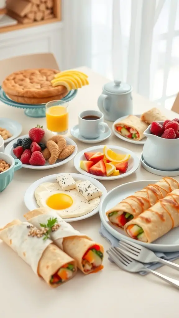A table set with various savory breakfast items including wraps, eggs, fruit, and drinks.