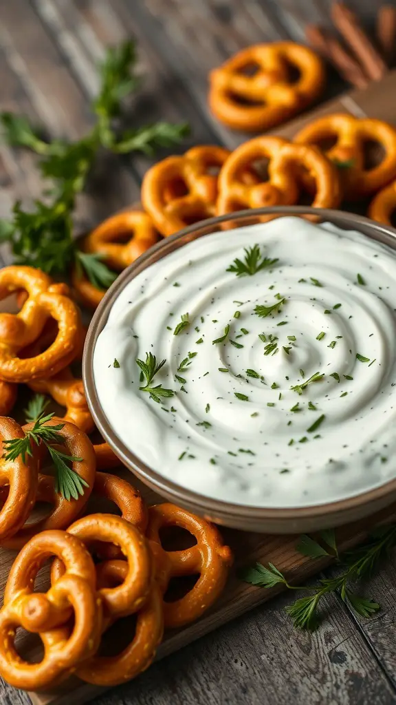 A bowl of ranch dip with fresh herbs surrounded by pretzels on a wooden surface.