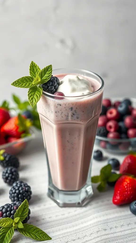 A refreshing Berry Blast Protein Shake in a tall glass, topped with whipped cream and mint, surrounded by fresh berries.