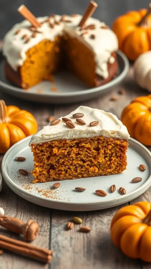 A slice of pumpkin spice cake with cream frosting and garnished with pumpkin seeds, surrounded by small pumpkins.