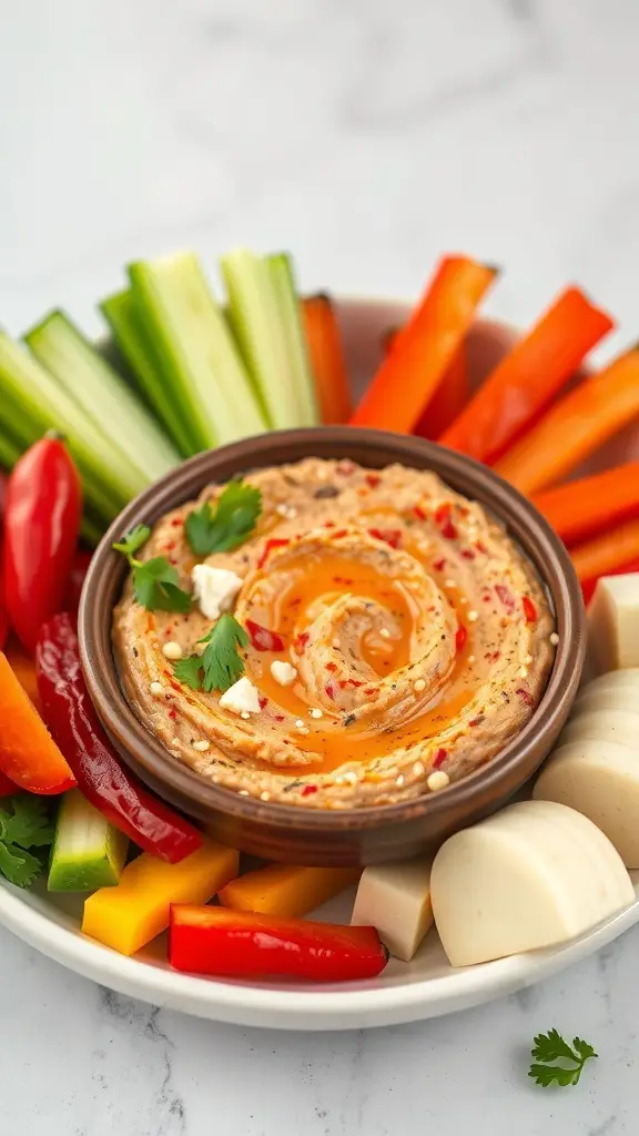 A bowl of roasted red pepper and feta dip surrounded by colorful fresh vegetables.