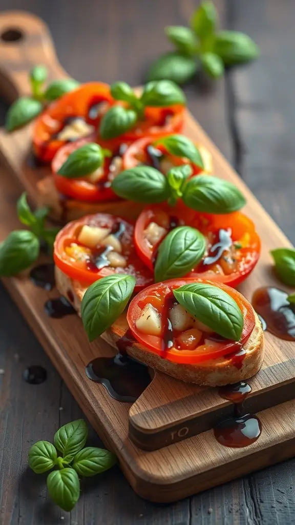 Classic Tomato Basil Crostini with fresh tomatoes and basil on toasted bread