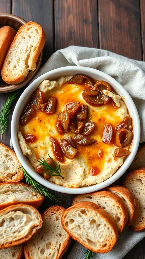 A bowl of caramelized onion and Gruyere dip surrounded by slices of bread.