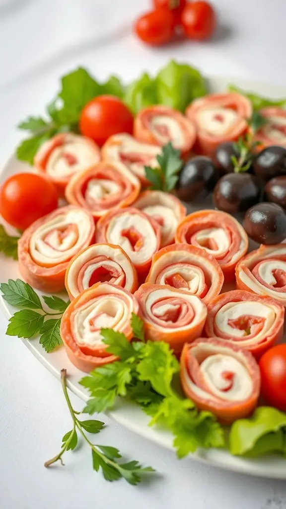 A platter of Italian deli meat pinwheels with greens, cherry tomatoes, and olives.