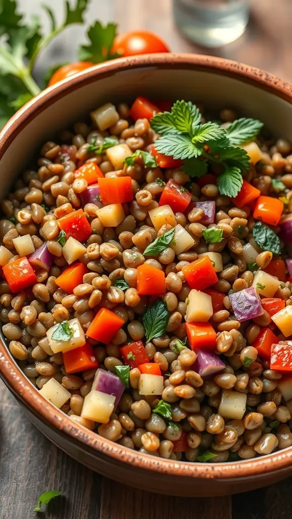 A bowl of savory lentil salad with colorful vegetables and herbs