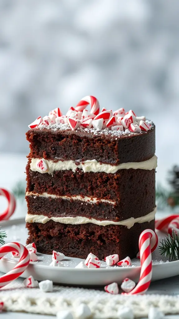 A slice of chocolate peppermint layer cake topped with crushed candy canes