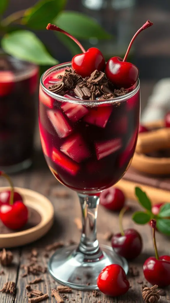 A glass of Chocolate and Cherry Sangria garnished with cherries and chocolate shavings