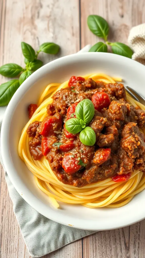 A bowl of spaghetti squash topped with meat sauce and fresh basil.