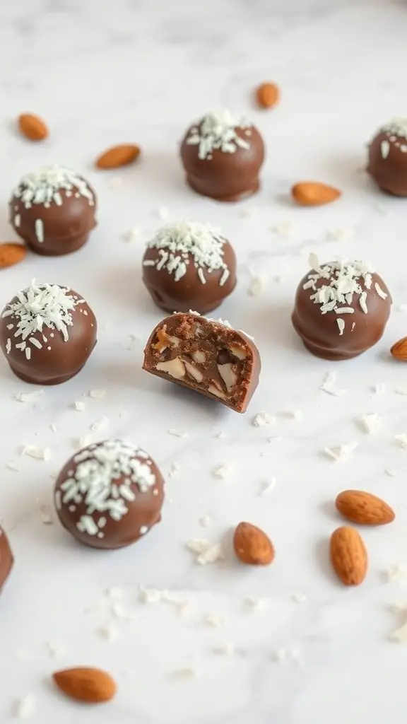 A plate of Almond Joy Bites, chocolate-covered balls with shredded coconut on top and whole almonds scattered around.