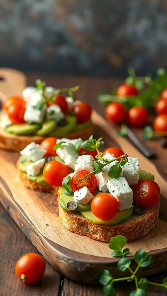Avocado and Feta Bruschetta on a wooden board with cherry tomatoes