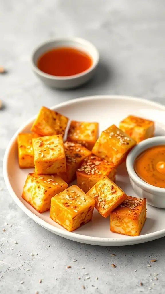 Plate of crispy air fryer tofu bites with dipping sauce