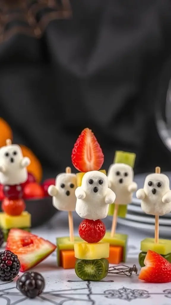 Colorful fruit skewers with ghost-shaped marshmallows for Halloween