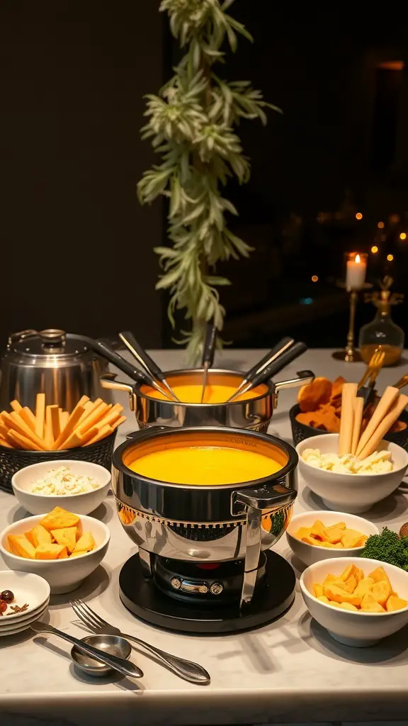 A beautifully arranged fondue station with melted cheese, breadsticks, and various dippable items.