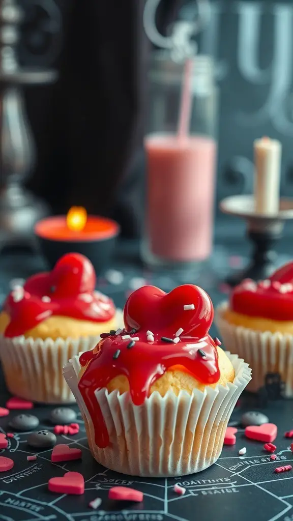 Bleeding Heart Cupcakes with red icing and heart decorations