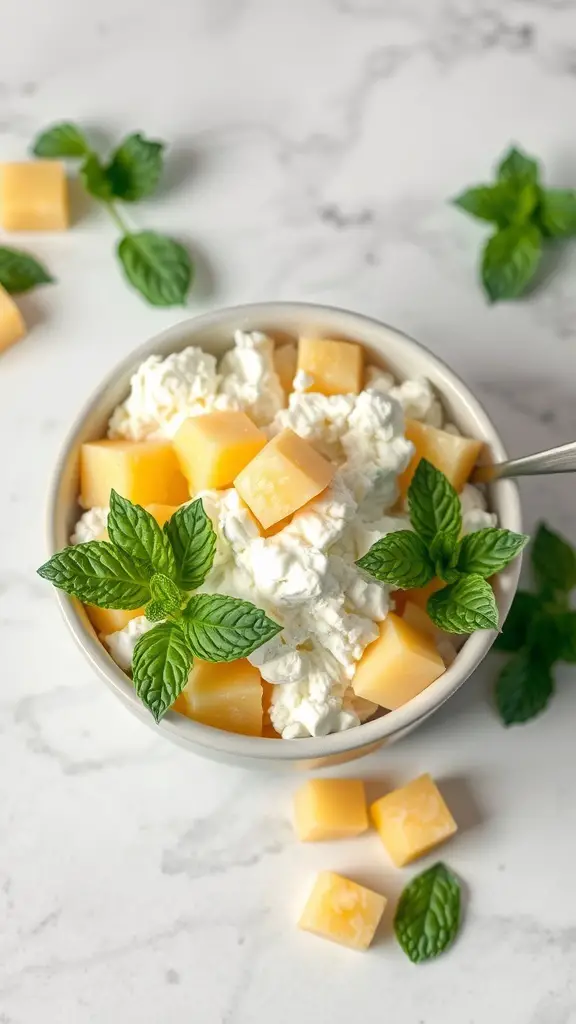 A bowl of cottage cheese topped with pineapple chunks and fresh mint leaves.