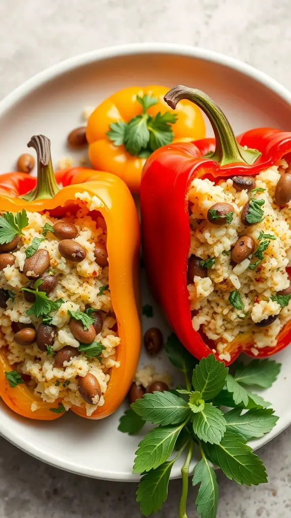 Stuffed bell peppers filled with cauliflower rice and black beans, garnished with fresh herbs.