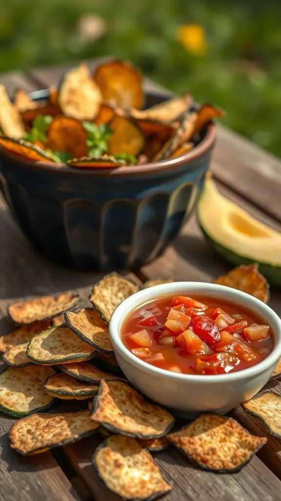 A bowl of crispy zucchini chips next to a small bowl of salsa on a wooden table.