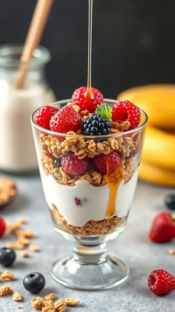 A delicious yogurt parfait with granola, topped with fresh berries and honey.