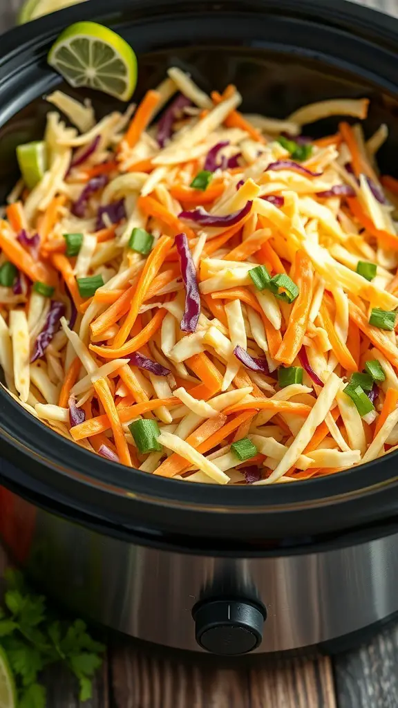 A colorful bowl of zesty coleslaw with shredded cabbage, carrots, and green onions, topped with a lime slice.