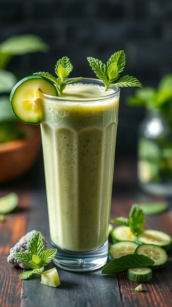 A tall glass of cucumber mint smoothie garnished with cucumber slice and mint leaves, surrounded by fresh mint and cucumber slices.