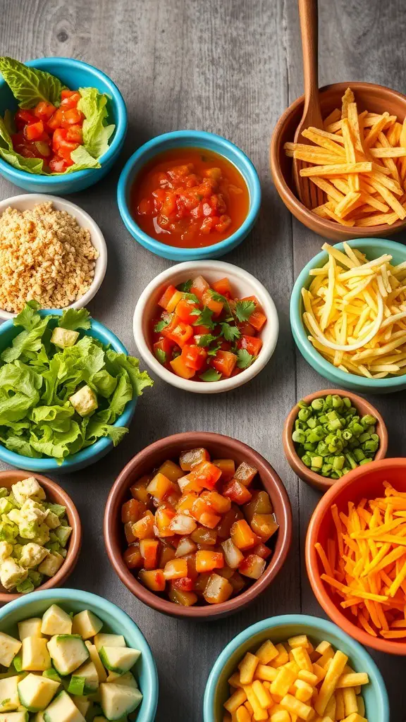 A colorful taco bar with various toppings and ingredients for making tacos.