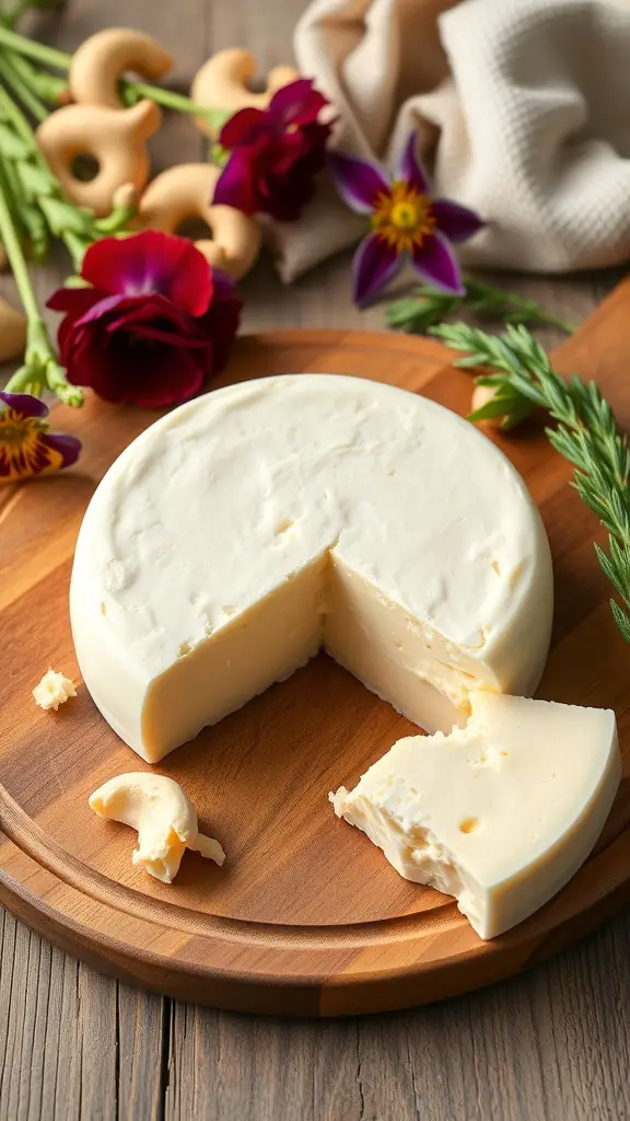 A round wheel of tangy fermented cashew cheese with a slice cut out, surrounded by flowers and cashews on a wooden board.