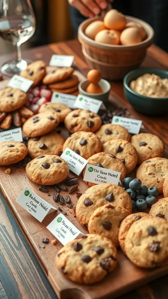 A cookie charcuterie board featuring various cookies with labels, fresh eggs, and a bowl of dip.